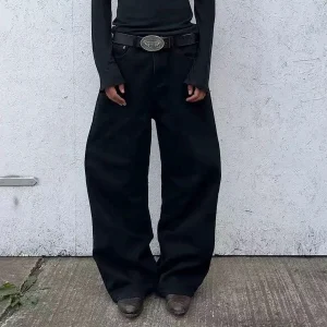 American Vintage Fashion Men's Solid Color Black Casual Trendy Simple Basic Straight Wide Leg Denim Trousers Male Jeans Pants